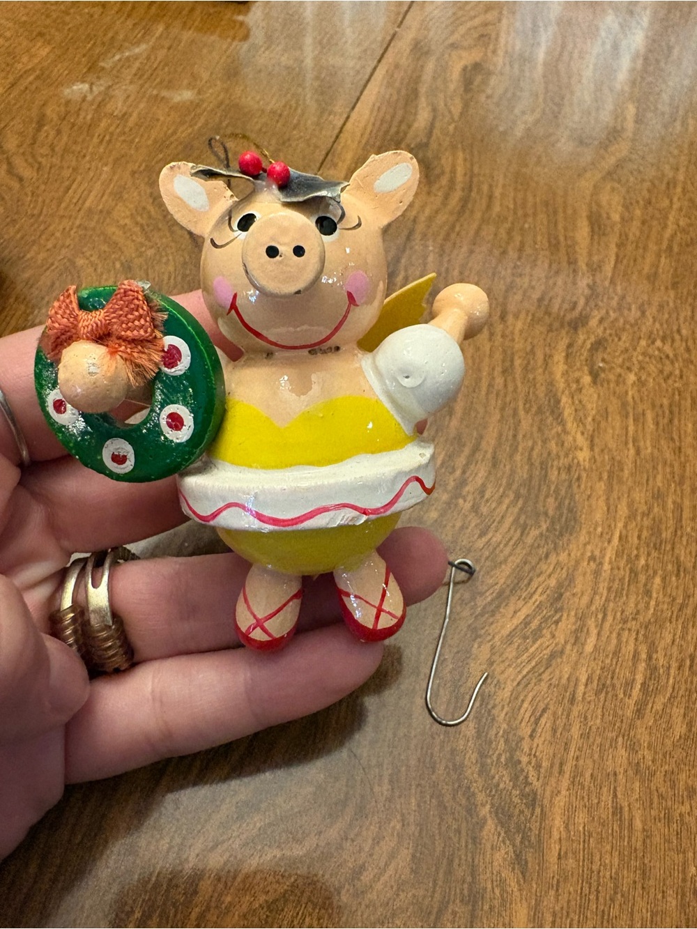 Vintage Yellow Pig Holiday Ornament with Festive Wreath